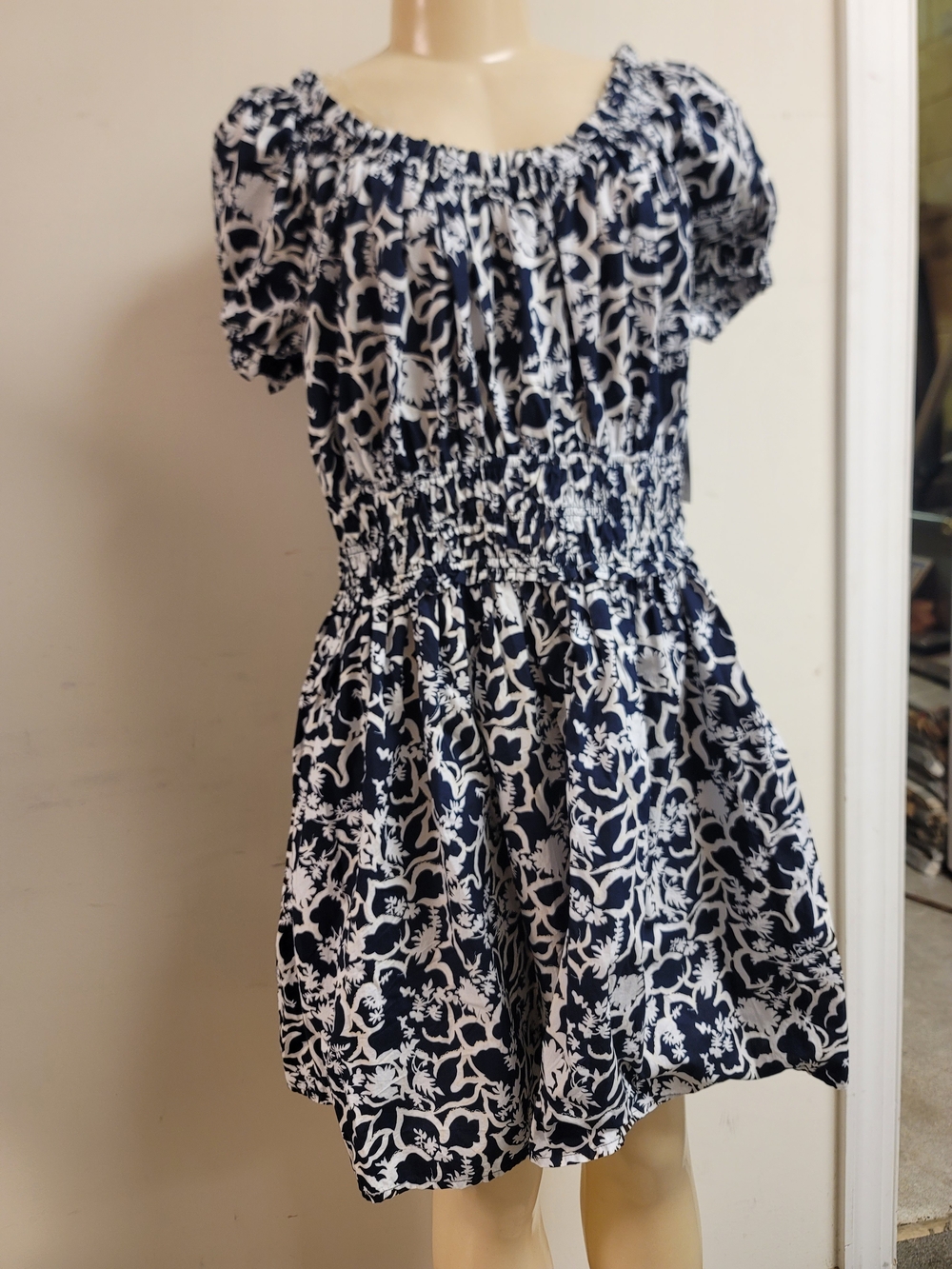 Navy & White Floral Smocked  Dress